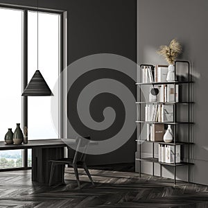 Grey living room interior with bookshelf and chair with table