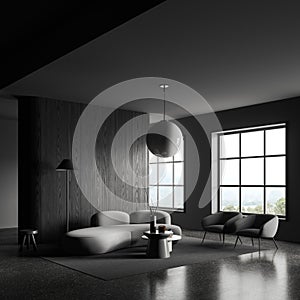 Grey living room interior with couch and armchairs with coffee table, window