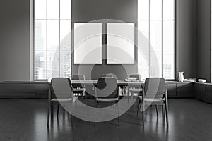 Grey living room interior with seats and table, panoramic window. Mockup frames