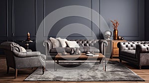 Grey livingroom, contemporary elegant grey living room with leather sofa and rug,