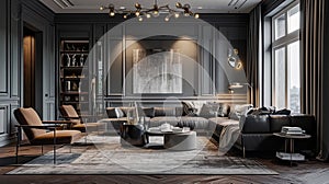 Grey livingroom, contemporary elegant grey living room with leather sofa and rug,