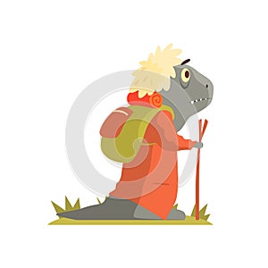 Grey Lizzard Monster With Backpack And Walking Stick, Alien Camping And Hiking Cartoon Illustration