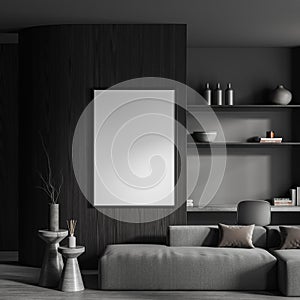 Grey lounge zone interior couch and shelf with decoration, mockup frame