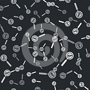 Grey Magnifying glass and dollar symbol icon isolated seamless pattern on black background. Find money. Looking for