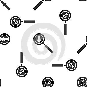 Grey Magnifying glass and dollar symbol icon isolated seamless pattern on white background. Find money. Looking for