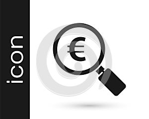 Grey Magnifying glass and euro symbol icon isolated on white background. Find money. Looking for money. Vector