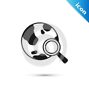 Grey Magnifying glass with globe icon isolated on white background. Analyzing the world. Global search sign. Vector