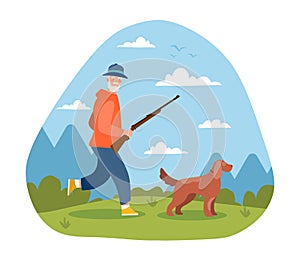Grey male elderly character with gun and dog hunting outdoors.