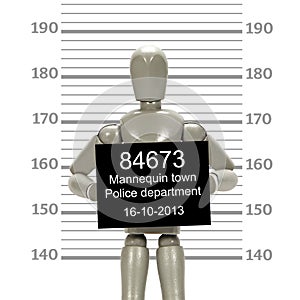 Grey mannequin posing in a mugshot