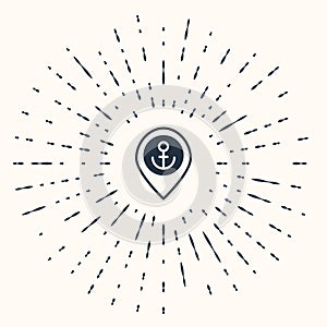 Grey Map pointer with anchor icon isolated on beige background. Abstract circle random dots. Vector