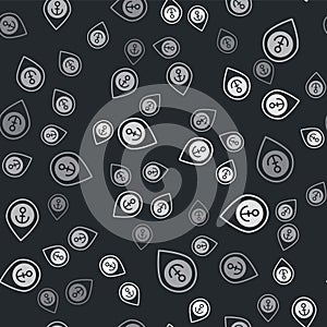 Grey Map pointer with anchor icon isolated seamless pattern on black background. Vector
