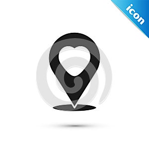 Grey Map pointer with heart icon isolated on white background. Valentines day. Love location. Romantic map pin. Vector