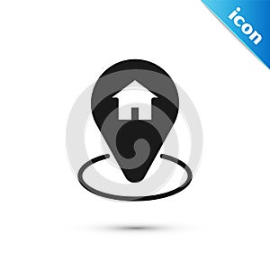 Grey Map pointer with house icon isolated on white background. Home location marker symbol. Vector