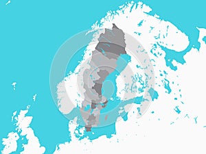 Grey Map of Regions of Sweden with Surrounding Terrain