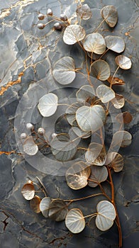 Grey marble adorned with gold paths and eucalyptus leaves.