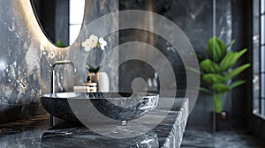 Grey marble countertop and round washbasin minimal modern luxury gray bathroom interior design. generative ai