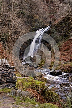 Grey Mare`s Tail Waterfall and burn in winter, Galloway Forest Park, Scotland