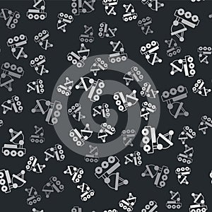 Grey Mars rover icon isolated seamless pattern on black background. Space rover. Moonwalker sign. Apparatus for studying