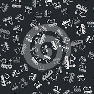 Grey Mars rover icon isolated seamless pattern on black background. Space rover. Moonwalker sign. Apparatus for studying