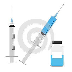 Grey medical syringe in cartoon style. Vector empty, filled syringe and vaccine bottle isolated on a white background