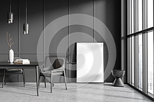 Grey meeting room interior with table and chair, panoramic window. Mockup frame