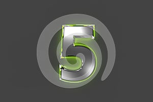 Grey metal font with green shine glass made outline - number 5 isolated on grey background, 3D illustration of symbols