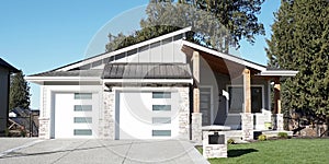 Grey Metal Modern Luxury Real Estate Home House Maison Siding Exterior Garage Blue Sunny Sky Background