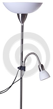 Grey metallic uplighter torchiere floor lamp with shade and  small reading light isolated on white background