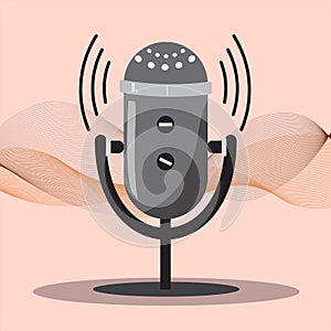 Grey microphone for podcasts with waves on the background