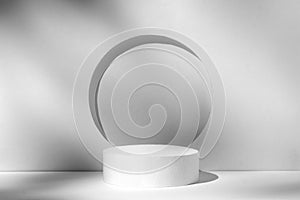 Grey minimal background cylinder and circle with podium and shadows for product display