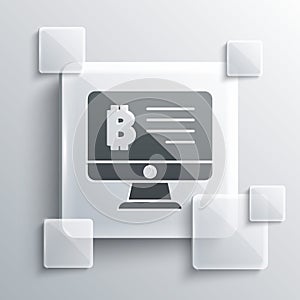Grey Mining bitcoin from monitor icon isolated on grey background. Cryptocurrency mining, blockchain technology service