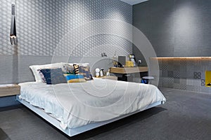 Grey modern bedroom interior bed bedside table  led light