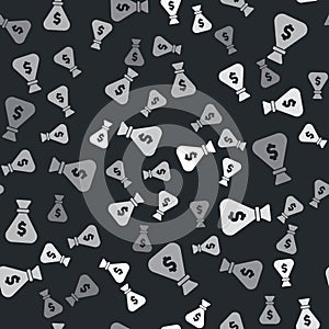 Grey Money bag icon isolated seamless pattern on black background. Dollar or USD symbol. Cash Banking currency sign