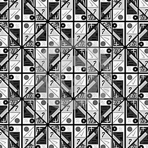 Grey monochromic abstract geometric pattern with math symbols and shapes