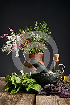 Grey mortar, clay vase with herbs