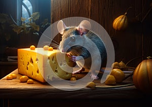 A grey mouse sitting near a big piece of cheese. Cute vermin steeling food in the house. Close up. Generative AI