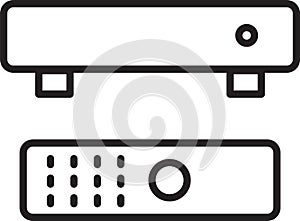 Grey Multimedia and TV box receiver and player with remote controller icon isolated seamless pattern on black background