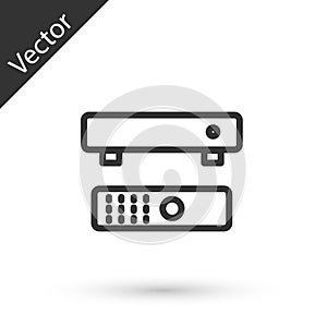 Grey Multimedia and TV box receiver and player with remote controller icon isolated on white background. Vector