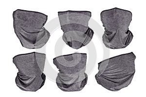 Grey neck gaiters six views set with different face rotation isolated