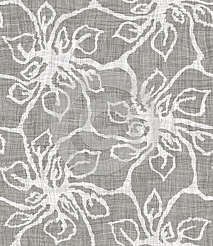 Grey neutral french woven linen texture background. Ecru greige printed floral textile fibre seamless pattern. Organic