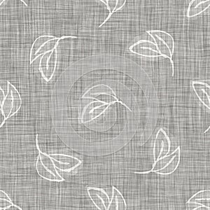 Grey neutral french woven linen texture background. Ecru greige printed leaf textile fibre seamless pattern. Organic