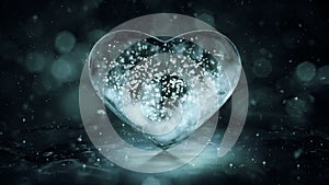 Grey Noir Ice Glass Heart with snowflakes inside motion background Loop 4k