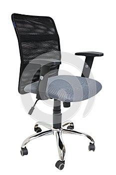 grey office fabric armchair on wheels isolated on white background, side view