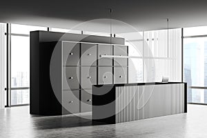 Grey office interior reception desk and cupboard storage, panoramic window