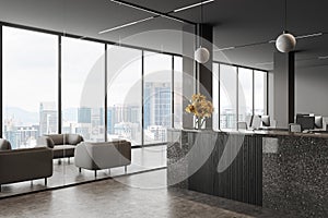 Grey office interior with reception and glass waiting area, panoramic window