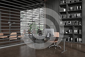 Grey office interior with work desk, relax place and meeting room near window