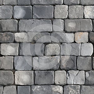 Grey Old Stone Pavement Top View, Granite Cobblestone Road, Green Moss, Wet Surface