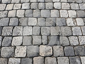 Grey Old Stone Pavement Top View, Granite Cobblestone Road, Green Moss, Wet Surface