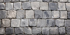 Grey Old Stone Pavement Top View, Granite Cobblestone Road, Green Moss, Wet Surface