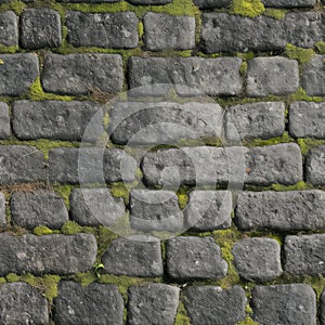 Grey Old Stone Pavement Top View, Granite Cobblestone Road, Green Moss, Wet Surface